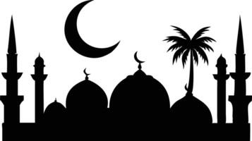 Mosque Silhouette with Crescent Moon and Palm Tree on White Background vector