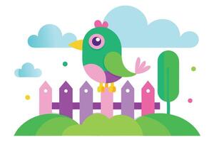 Bird Perched on Fence with Clouds and Tree Flat Design on White Background vector