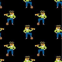 Seamless pirate pattern with cartoon characters holding telescopes on black background vector