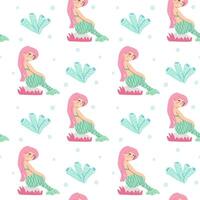 Seamless pattern of pink-haired mermaid with sea elements vector