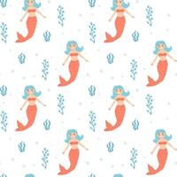 Seamless pattern of cartoon red-tailed mermaids with seaweed and bubbles vector