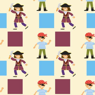 Children's pirate pattern with diverse characters and colorful squares