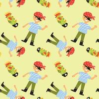 Playful pirate pattern with smiling child pirates and colorful parrots on yellow background vector