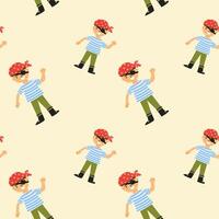 Cartoon pirate child pattern with red bandana and eye patch on light background vector