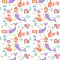 Colorful mermaid pattern with ocean elements and diverse female characters vector