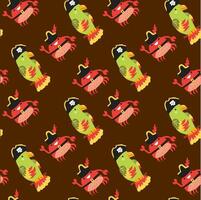 Colorful pirate-themed pattern with parrots and crabs on brown background vector