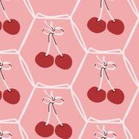 Seamless pink cherry pattern with hand-drawn style repeated design vector