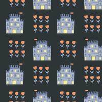 Princess castle and tulip motif pattern for textile and decor design vector