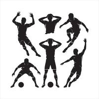 figures of soccer players in various dynamic black silhouette on white background vector