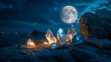 A cluster of healing crystals rests on a rocky surface under full moon. Moonstone and labradorite, energy cleansing photo