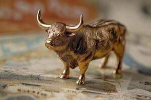 Cryptocurrency concept. Golden buffalo or bull standing on a blurred background. Growth and Financial Prosperity photo