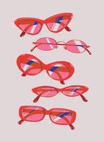 Sunglasses collection portrait drawing in vintage style with pink lens and red frame on light beige background vector