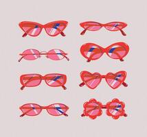 Sunglasses collection drawing in vintage style with pink lens and red frame on light beige background vector