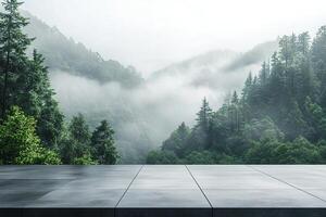 Empty platform or terrace for product presentation with forest view. photo