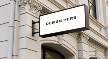 Rectangular store sign mockup mounted on building facade for design placement psd