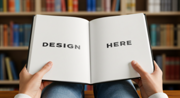 Hand holding open book page mockup in library for design placement psd