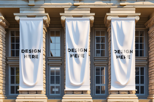Three vertical fabric banner mockup hanging outside of building for design placement psd