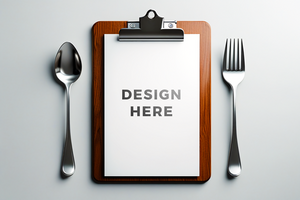 Menu mockup with spoon and fork against light gray background for art placement psd