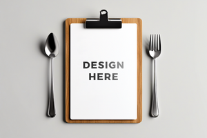 Menu mockup with spoon and fork against light gray background for design placement psd