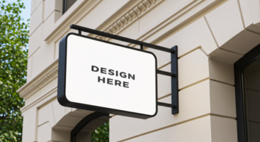 Rectangular store sign mockup mounted on building facade for branding psd