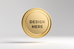 Gold coin mockup floating against white background for design placement psd
