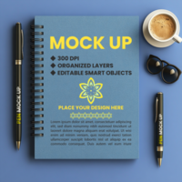 Spiral notebook cover mock up with notepad and binder paper for spring notebook and diary psd