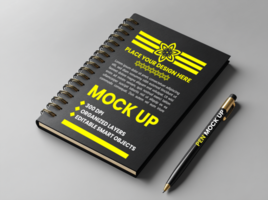 Spiral black notebook and notepad mock up showing spring binder diary and corporate paper use psd