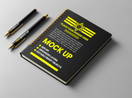 Spring spiral binder and notebook mock up for diary black cover notepad and corporate paper psd