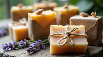 Handcrafted soap collection with lavender and natural elements in soft morning light photo