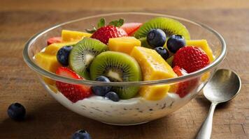 Fruit salad with yogurt and berries photo