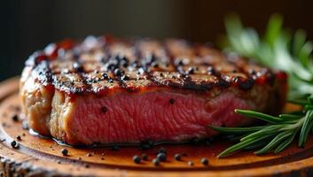 Perfectly grilled steak with fresh herbs on a wooden cutting board prepared for a gourmet meal photo