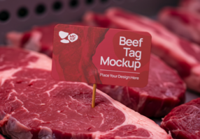A beef tag mockup displayed on a selection of fresh cuts of steak psd