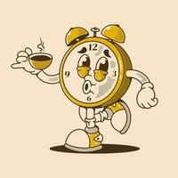 Alarm clock character holding a coffee cup, in happy expression vector