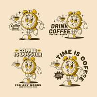 Alarm clock character drink a coffee illustration with text quote in four version. suitable for t-shirt print vector