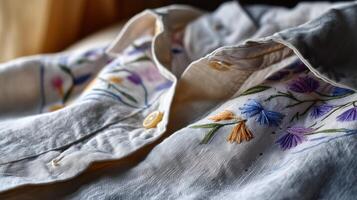 Beautifully embroidered shirt showcasing intricate floral designs with vibrant colors on a soft fabric during daylight photo