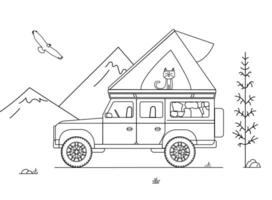 Line art of an off-road overland vehicle with rooftop tent and a cat inside, drawn in minimalistic cartoon style on white background vector