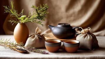 Traditional tea ceremony setup featuring herbal teas and handmade pottery in a warm, inviting atmosphere photo