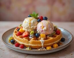 Delicious waffle topped with colorful ice cream and fresh fruits served at a cozy cafe in the afternoon photo