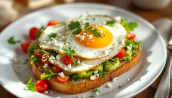 An egg on top of an avocado and tomato sandwich photo