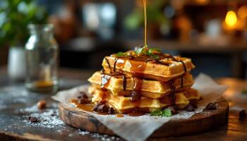 A stack of waffles with syrup being poured on top photo