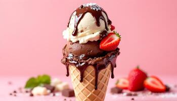 Chocolate ice cream with strawberries and chocolate syrup photo