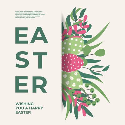 Modern Happy Easter Banner or Poster with Trendy Typography. Modern Easter Holiday Background Design with Egg, Flowers and Holiday Typography. Cute Flat Greeting Card in Pastel Colors. Creative Card.