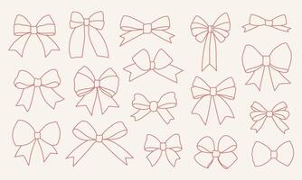 Set of elegant outline ribbon bow illustrations in minimal red line style on light background. Perfect for decoration, packaging, festive design, and craft projects. vector