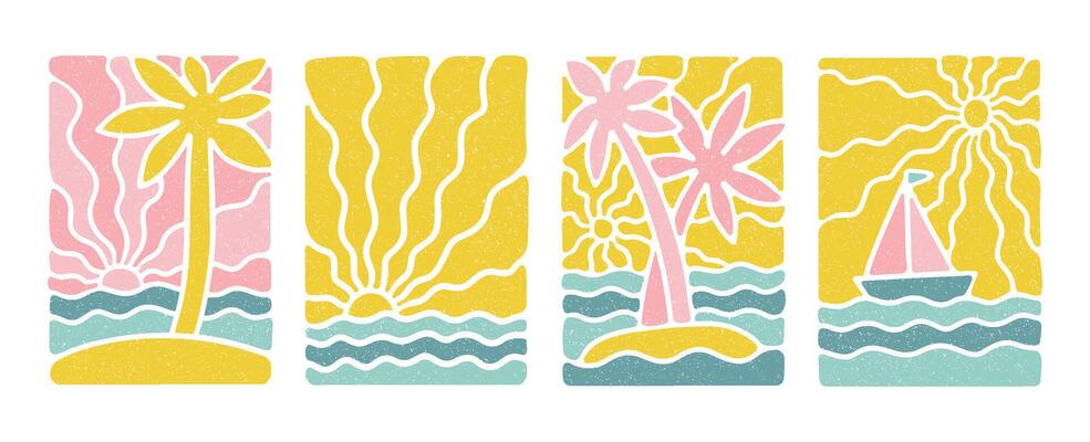Vintage boho groovy palm tree beach sun sea covers set. Surf club vacation and sunny summer day aesthetic. flat illustration background in trendy retro naive simple style with grungy texture