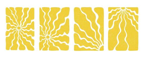Rectangular retro groovy backgrounds set with bright sunburst in style 60s, 70s. Trendy colorful graphic print. flat illustration with grungy texture. vector
