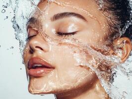 woman with closed eyes is splashed with water, highlighting her smooth skin and serene expression. image captures freshness and vitality photo