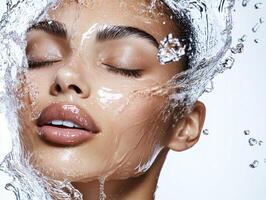 woman with closed eyes is splashed with water, highlighting her smooth skin and serene expression photo