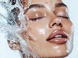 woman with closed eyes enjoys refreshing splash of water on her face, highlighting her glowing skin and serene expression photo