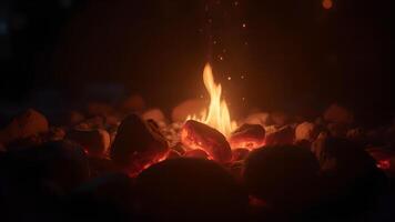 A fire is burning in the dark with rocks photo