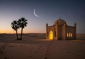 A peaceful desert scene, with mosque view at dusk and crescent in Holy Ramadan month 06 photo
